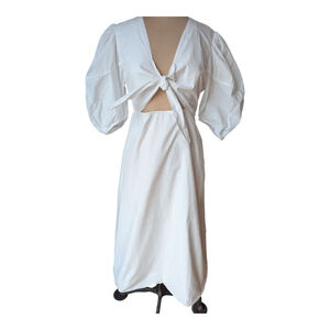 Rhode Greer White Short Puff Sleeve Cutout Tie Front Midi Dress Women's 12 Bride